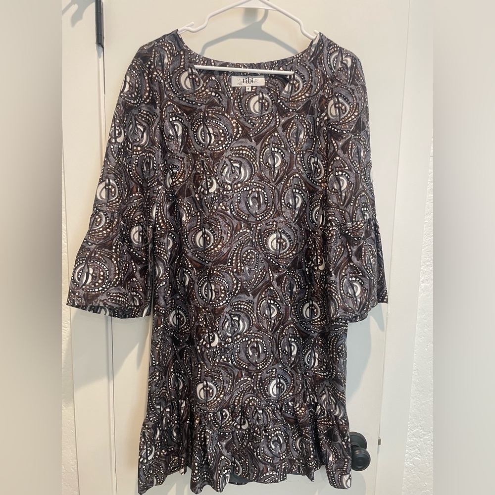 100% Silk Patterned Dress with Bell Sleeves by Tibi